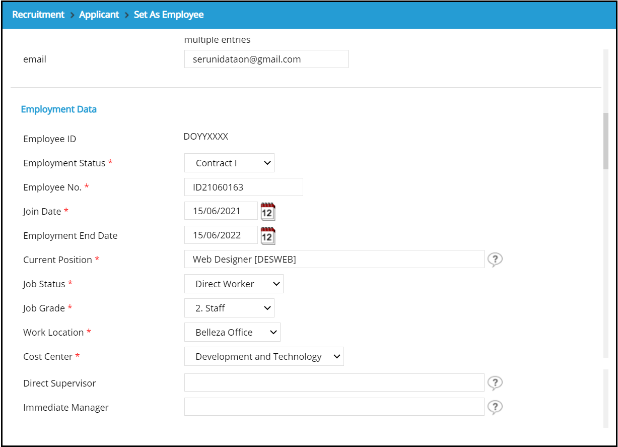 In Employment Data, admin users can set the hired applicant's ...