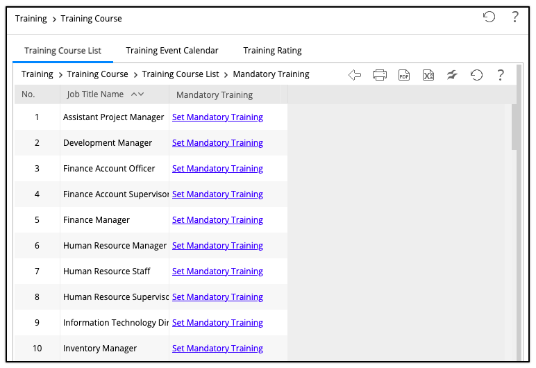 Main page of Mandatory Training will display the job title and column ...