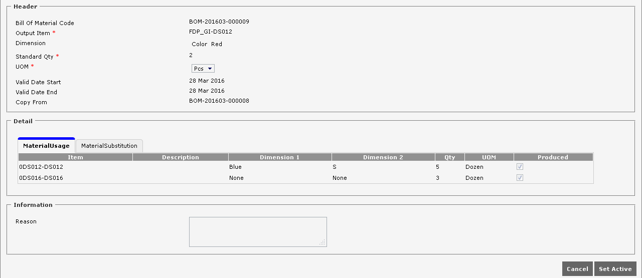Material Satuts See the following informations on page set status Bill of Material.