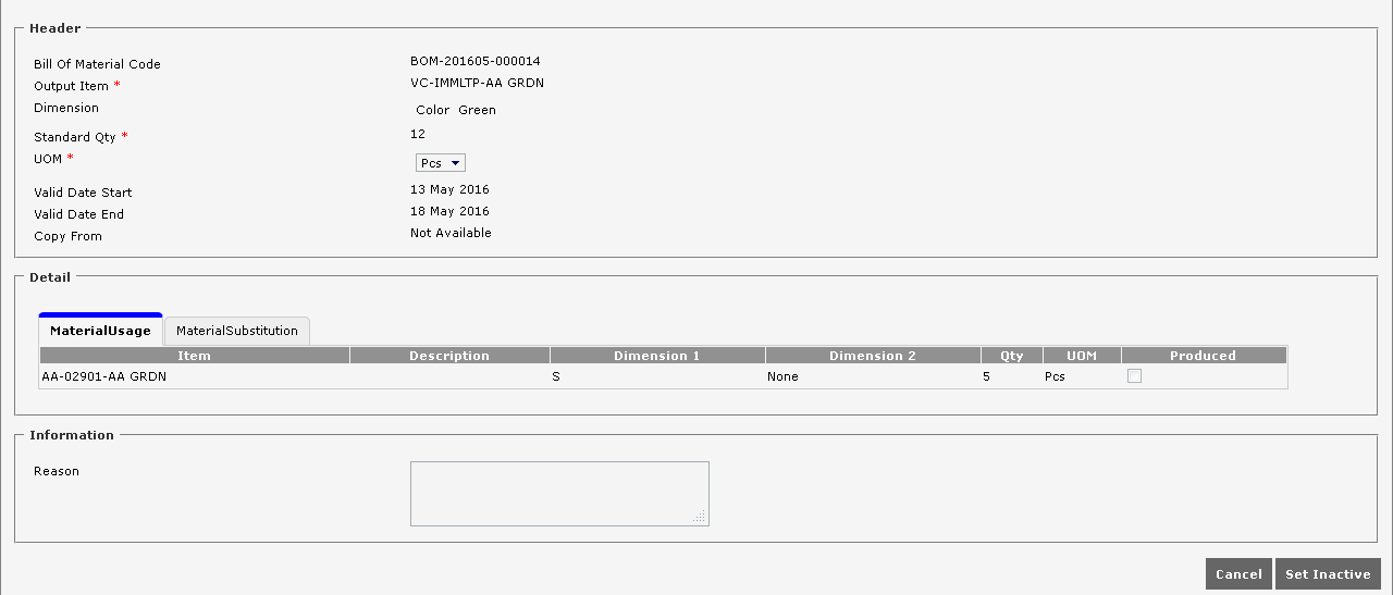 Material Satuts See the following informations on page set status Bill of Material.