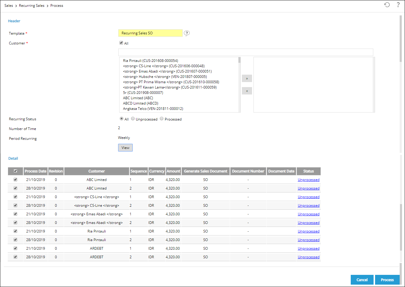 Follow these steps to process the recurring sales document: