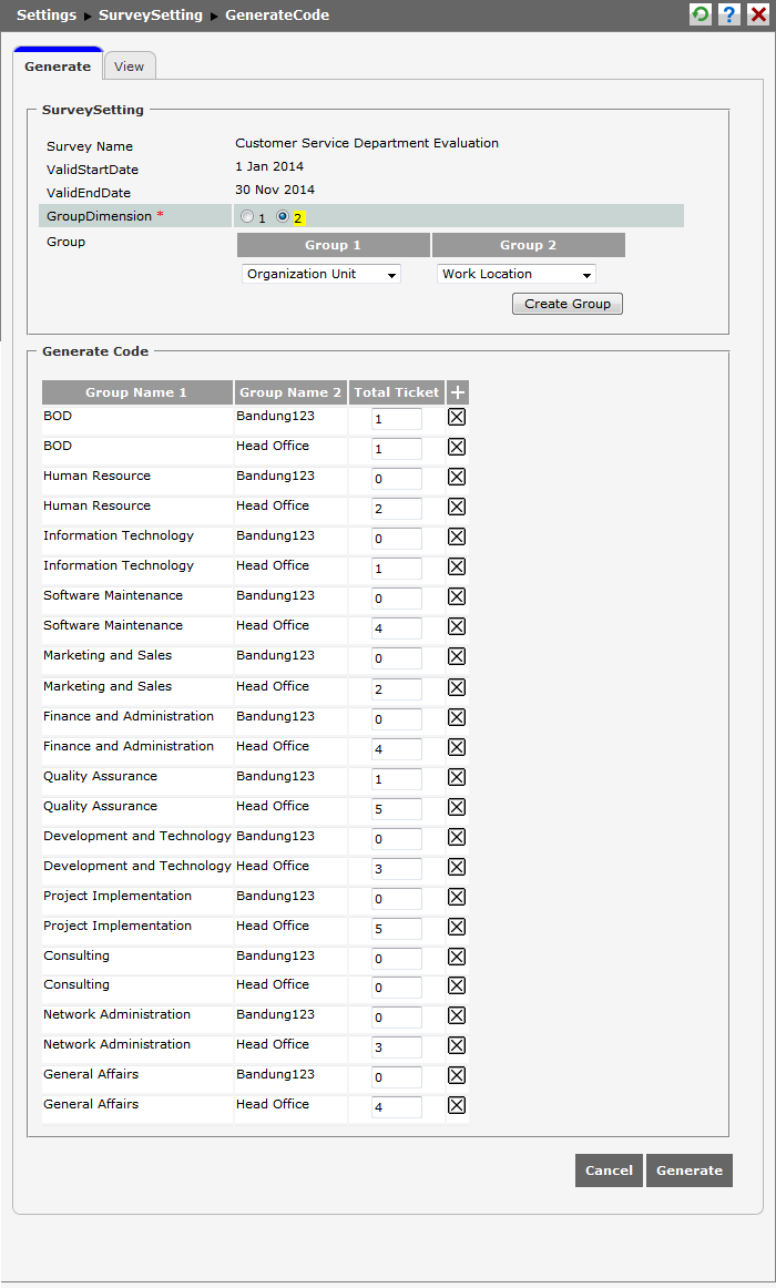 will create a survey group based on the selected group dimension and ...