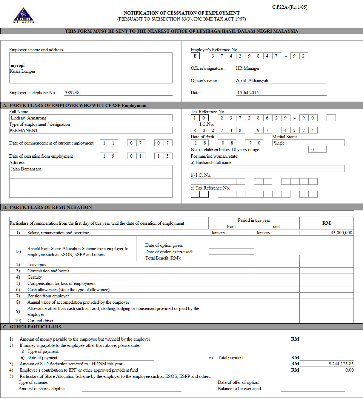 to export Form CP 22A to PDF format. Click